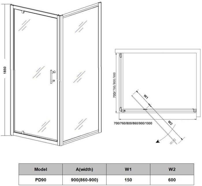 NILE 900 mm Framed Hinged Pivot Shower Door 6mm Tempered Glass Swing Door
