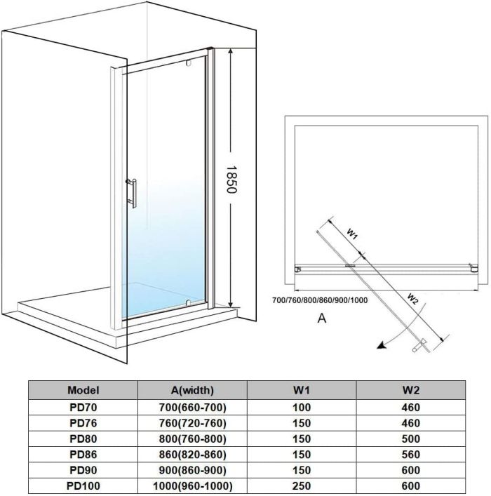 NILE 760mm Black Pivot Hinge Shower Enclosure 6mm Glass Reversible Cubicle Door