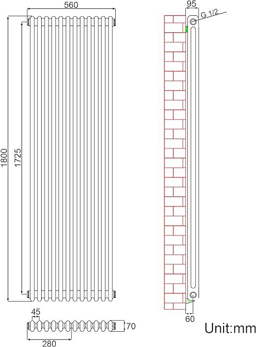 NILE Traditional Radiator Black Vertical Radiator 1800 x 560 mm Double Column Cast Iron Heater Central Heating Radiator