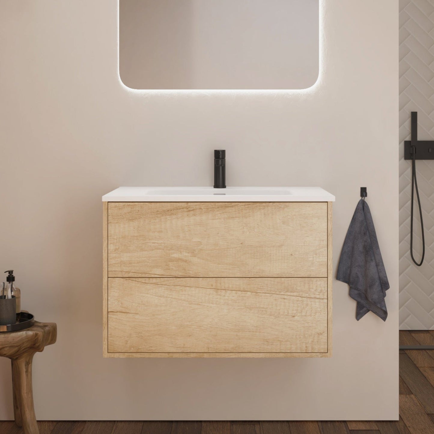 Optimus Noir Wall Hung Vanity Unit + Basin - Natural Oak