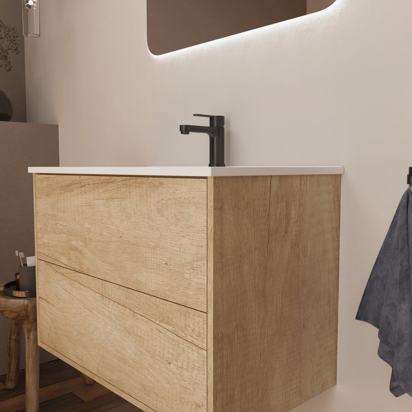 Optimus Noir Wall Hung Vanity Unit + Basin - Natural Oak