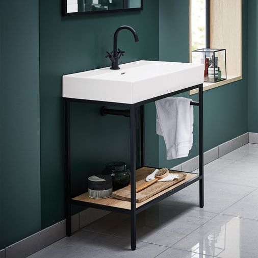 Black Vinci Noir 800mm frame Unit with Oak Shelf & Basin - 800mm x 460mm - Salgar