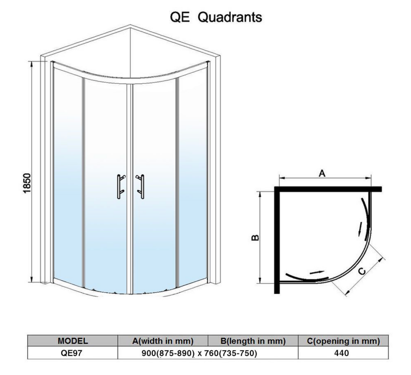 NILE Chrome Reversible Offset Quadrant Shower Enclosure 6mm Tempered Glass Cubicle 900mm x 760mm