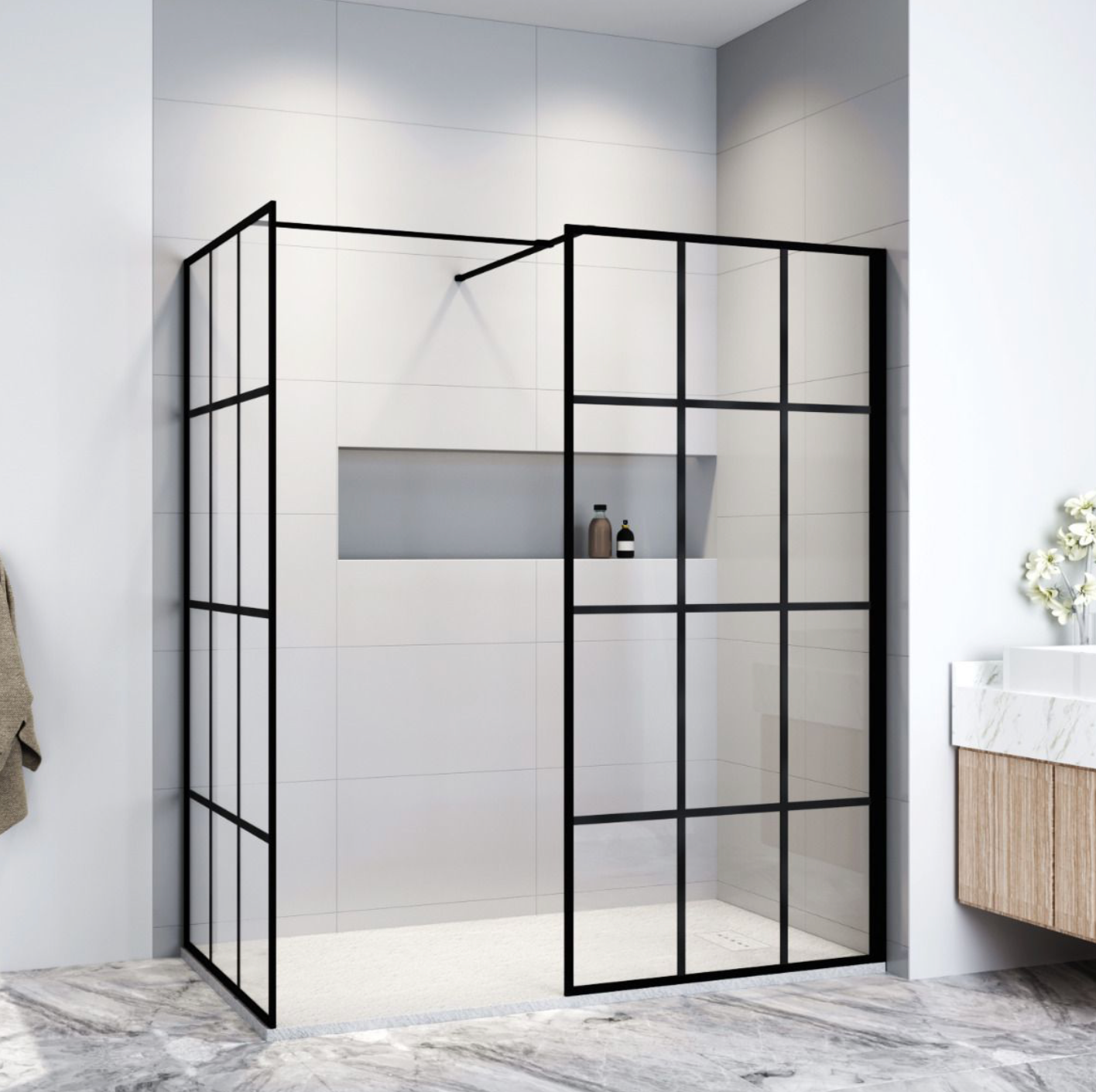 NILE Matt Black Walk in Wet Room Shower Screen Panel 1500mm x 900mm x 1850mm