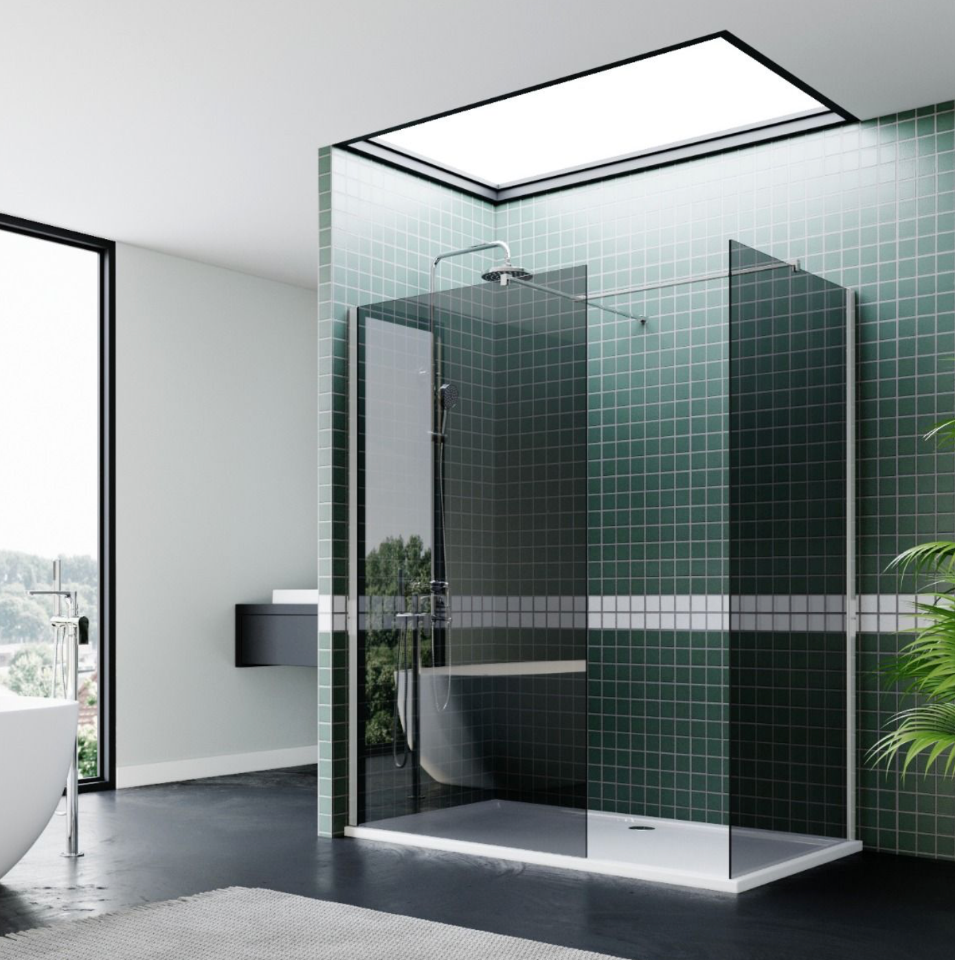NILE Smoked Glass Walk-In Shower Enclosure 8mm Easy Clean Inc. Shower Panels, Stone Resin Tray + Waste 1200mm x 700mm