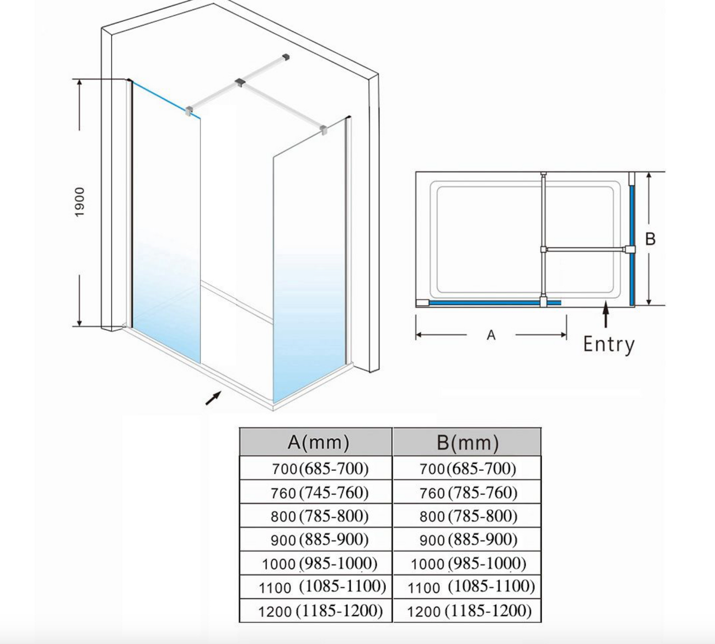 NILE Smoked Glass Walk-In Shower Enclosure 8mm Easy Clean Inc. Shower Panels, Stone Resin Tray + Waste 1200mm x 700mm