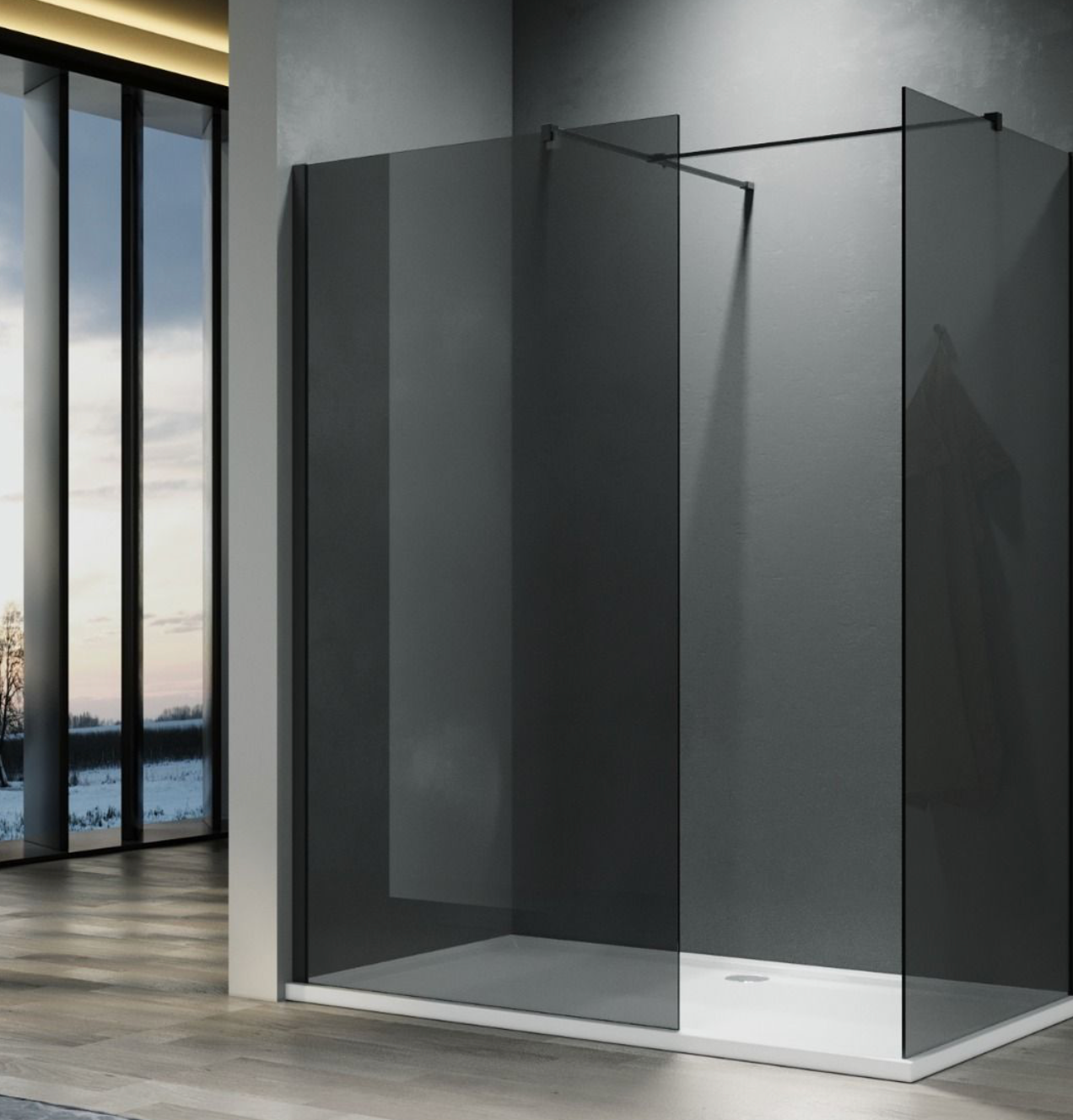 NILE Smoked Glass Walk-In Shower Enclosure 8mm Easy Clean Black Fittings Inc. Shower Panels, Stone Resin Tray + Waste 1500mm x 900mm