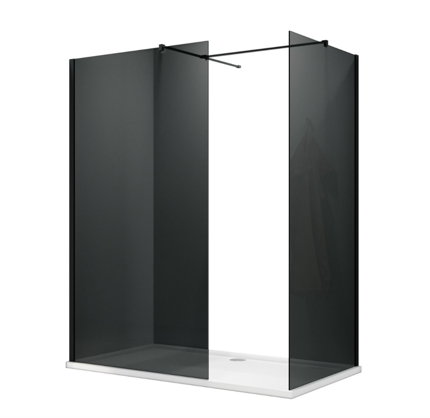 NILE Smoked Glass Walk-In Shower Enclosure 8mm Easy Clean Black Fittings Inc. Shower Panels, Stone Resin Tray + Waste 1500mm x 900mm