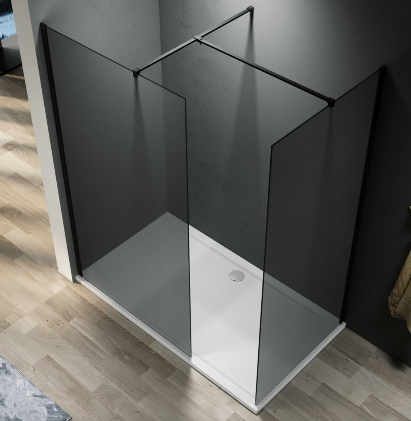 NILE Smoked Glass Walk-In Shower Enclosure 8mm Easy Clean Black Fittings Inc. Shower Panels, Stone Resin Tray + Waste 1500mm x 900mm