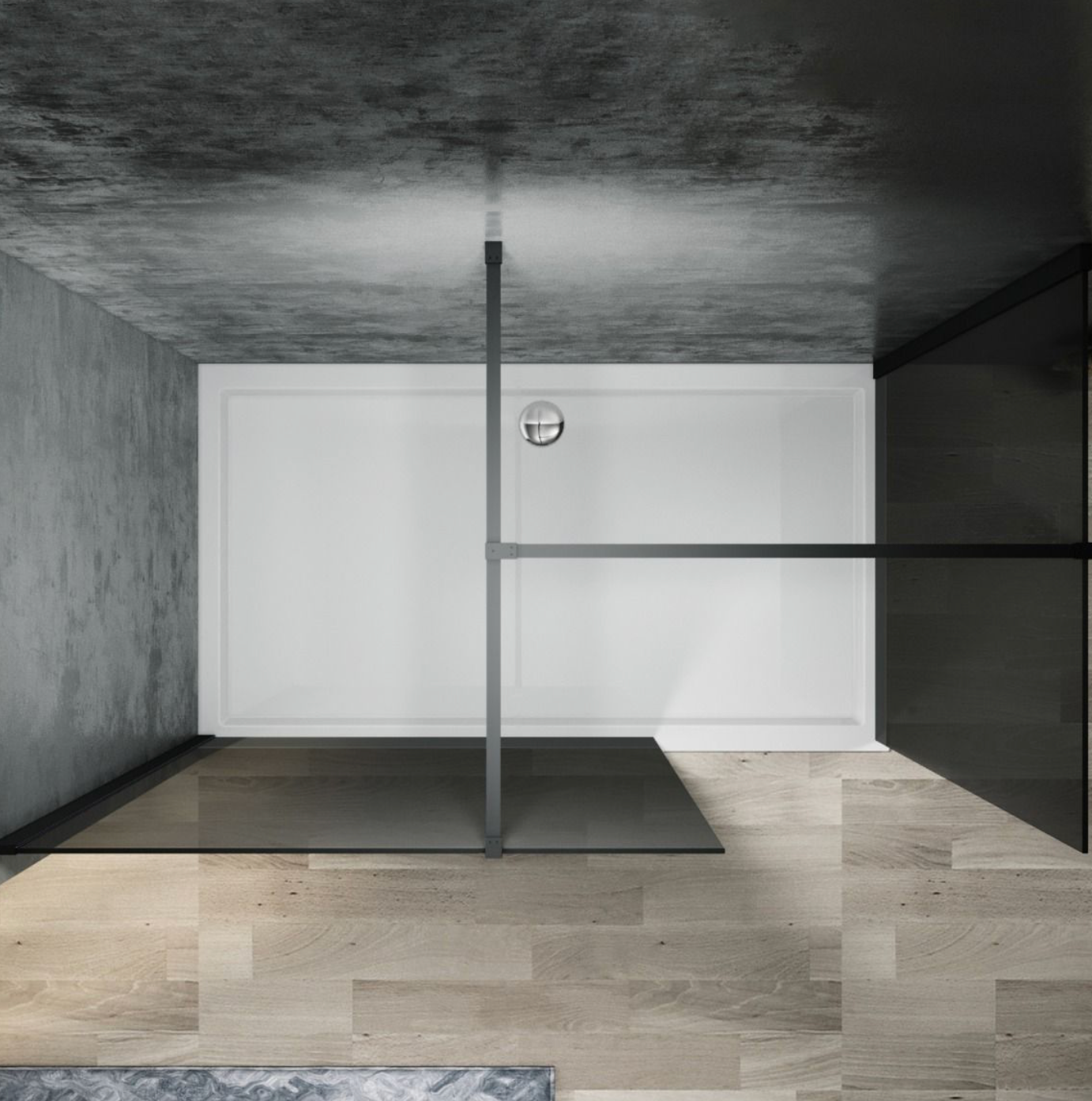 NILE Smoked Glass Walk-In Shower Enclosure 8mm Easy Clean Black Fittings Inc. Shower Panels, Stone Resin Tray + Waste 1500mm x 900mm