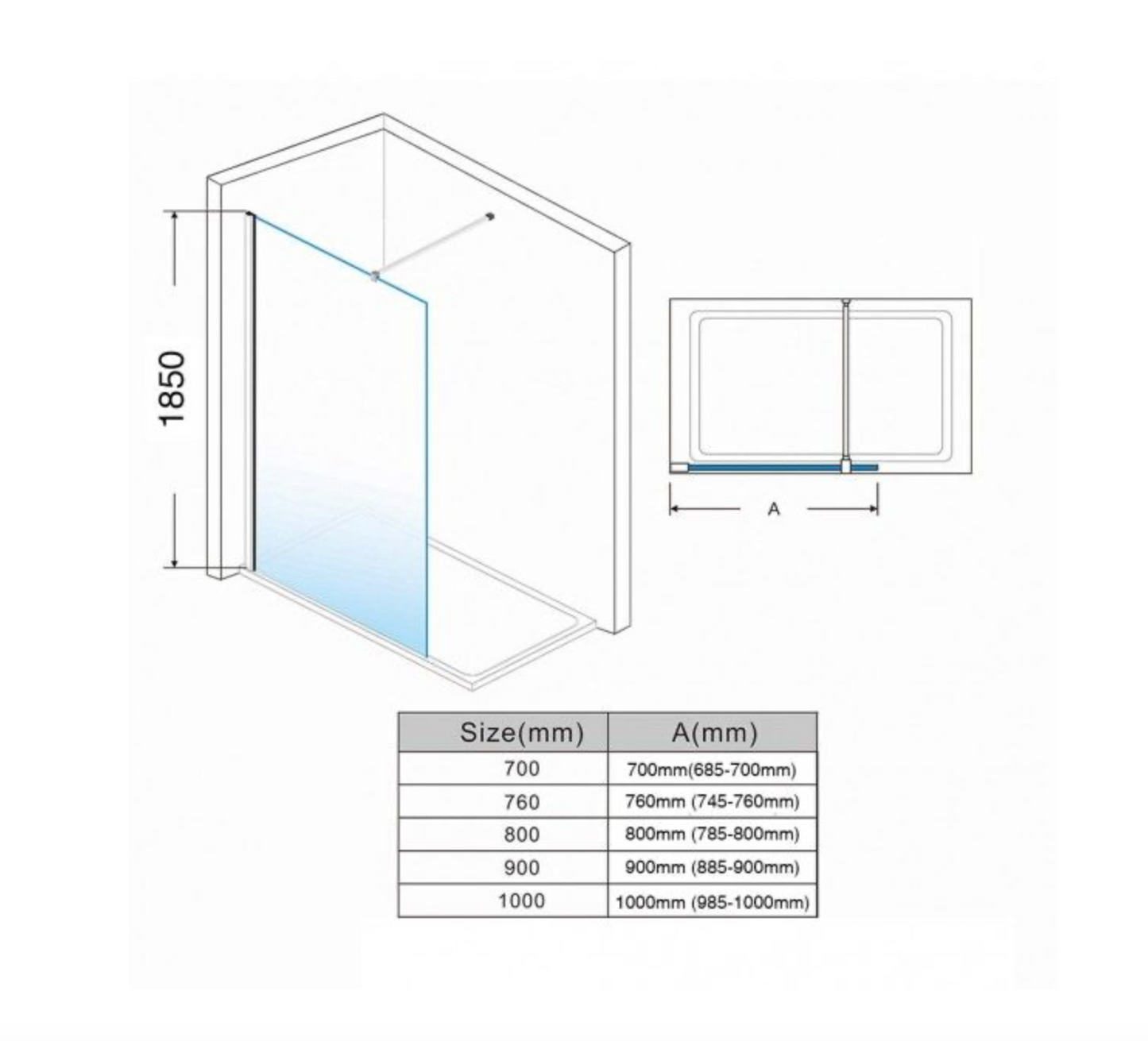 NILE 700mm Walk-In Shower Panel 6mm Tempered Glass Shower Screen