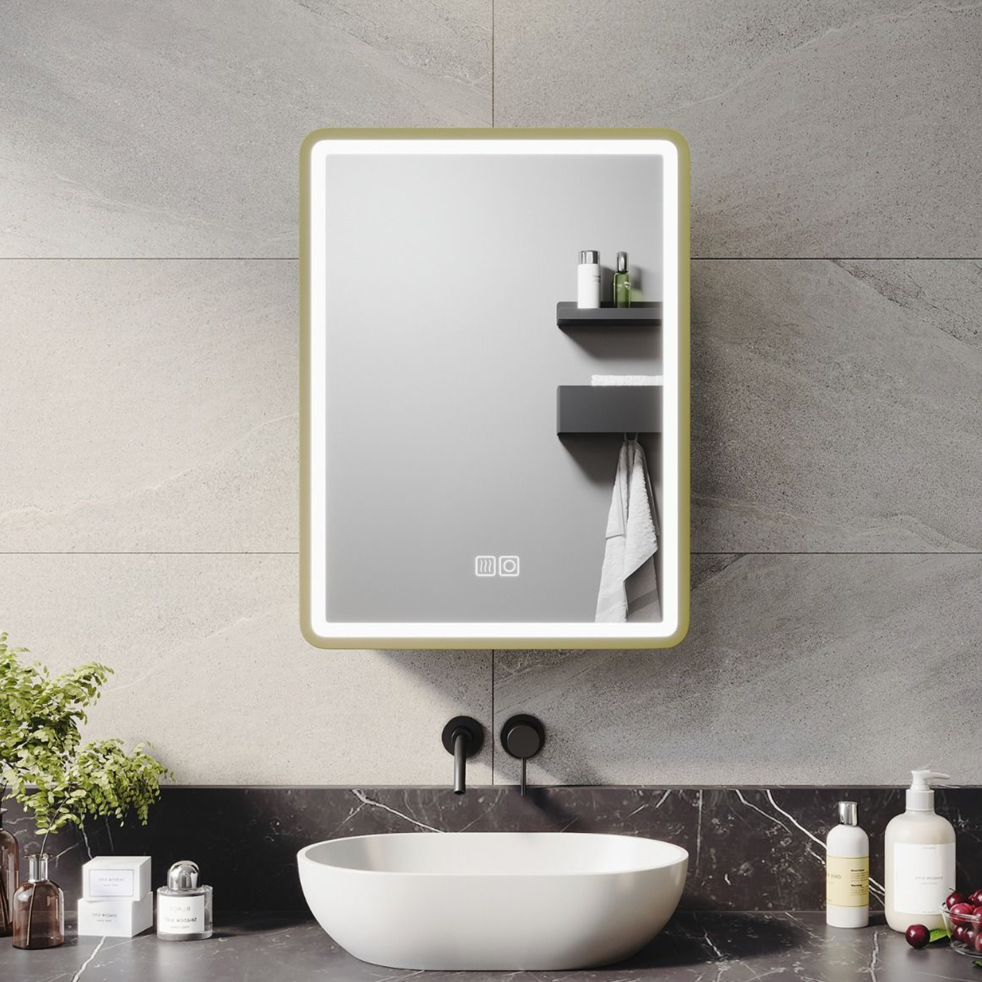 NILE Gold LED Bathroom Mirror Cabinet with Shaver Socket and Demister