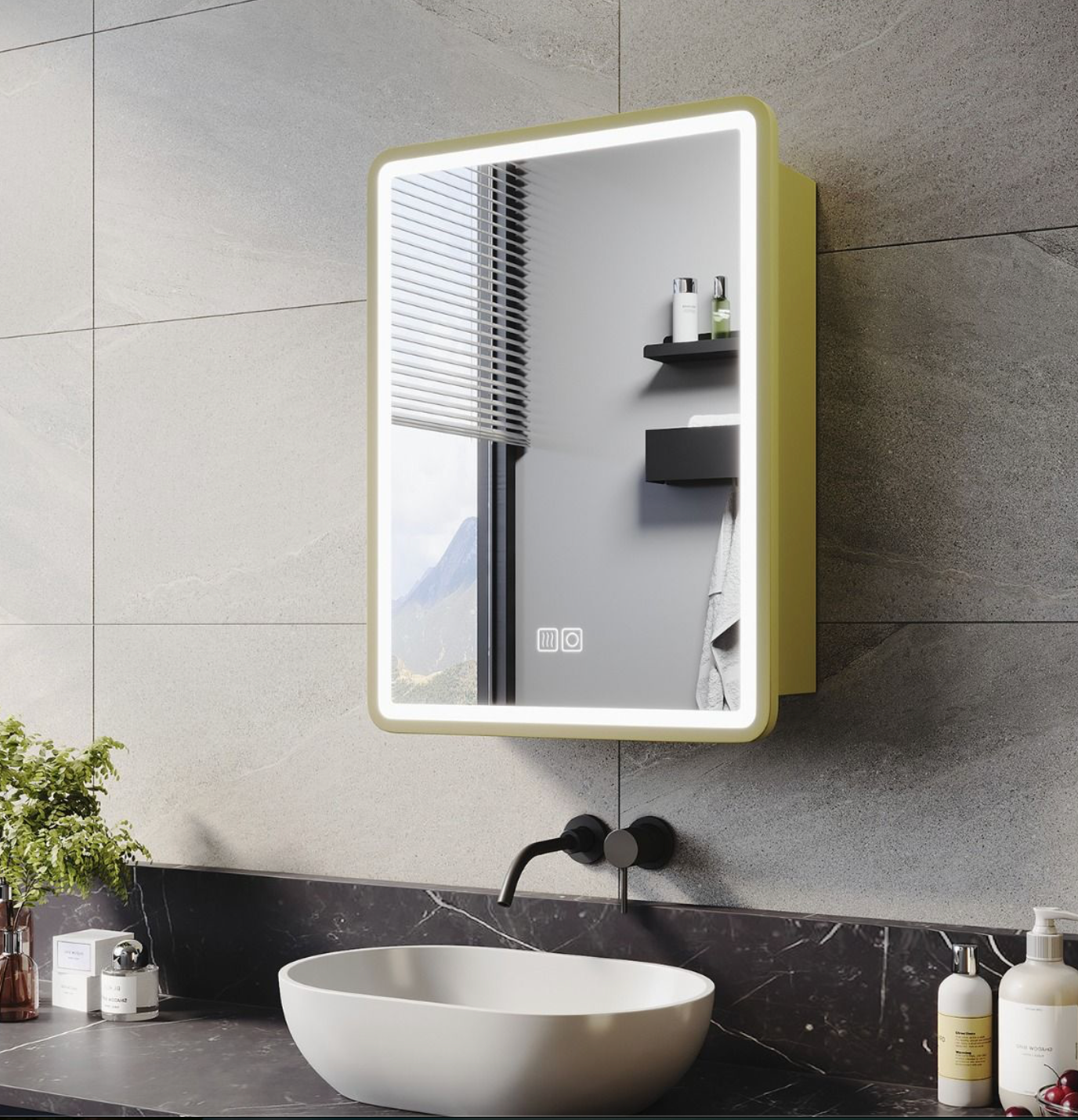 NILE Gold LED Bathroom Mirror Cabinet with Shaver Socket and Demister