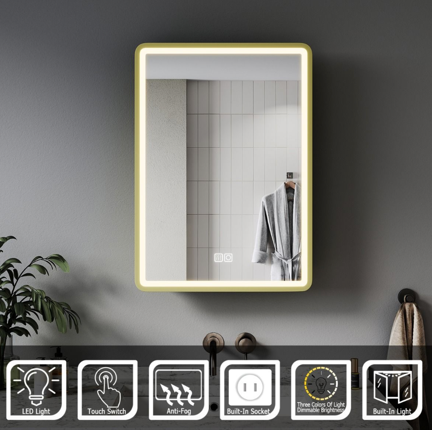 NILE Gold 500x700mm Illuminated Bathroom Mirror Cabinet with Shaver Socket