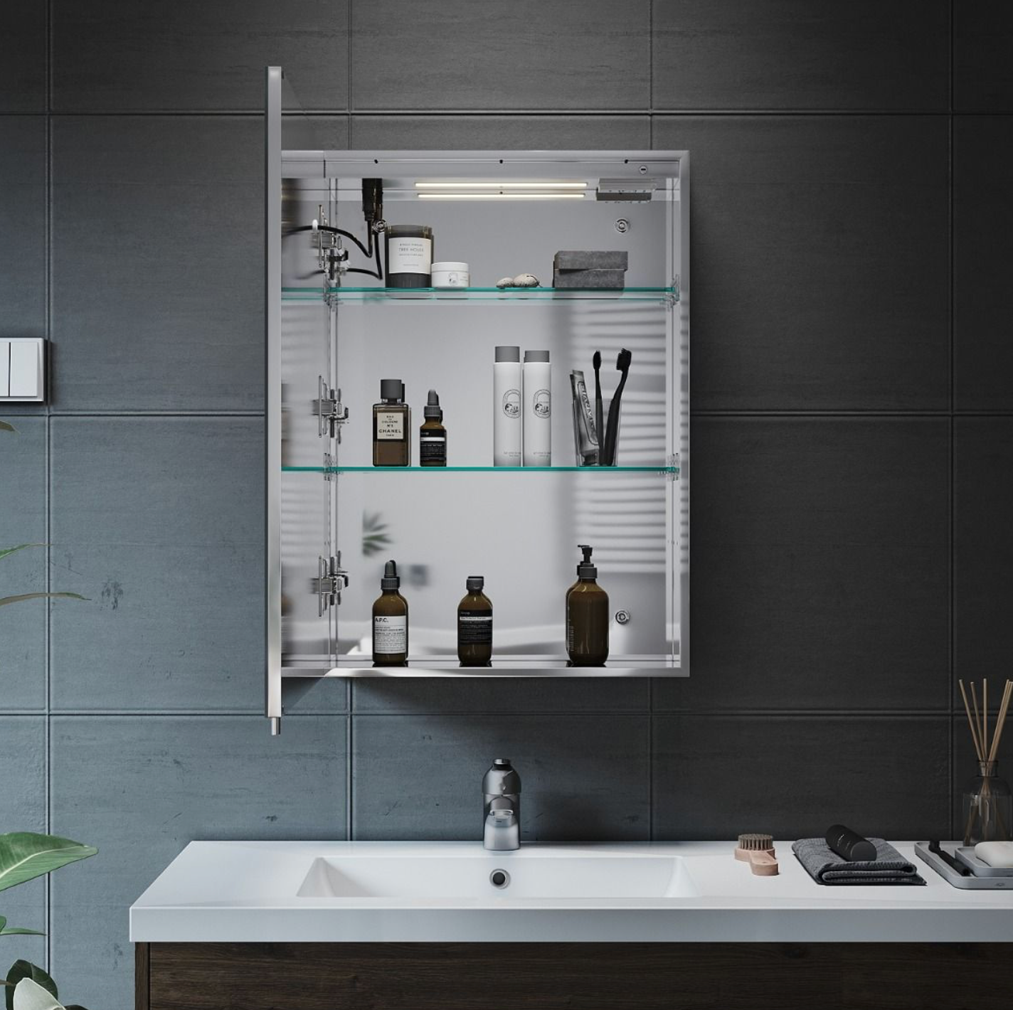 NILE 500mm x 700mm Wall Mounted Bathroom Cabinets with Shaver Socket Touch Swith Dimmable Defogger