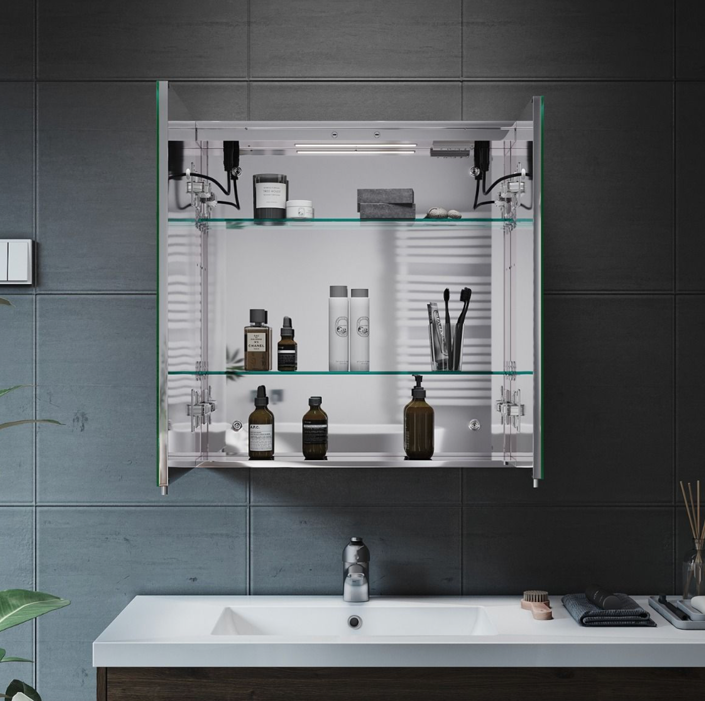 NILE 630mm x 650mm Illuminated Bathroom Mirror Cabinet with Bluetooth Speaker Stainless Steel 2 Door Shaver Socket Bathroom Wall Cabinets