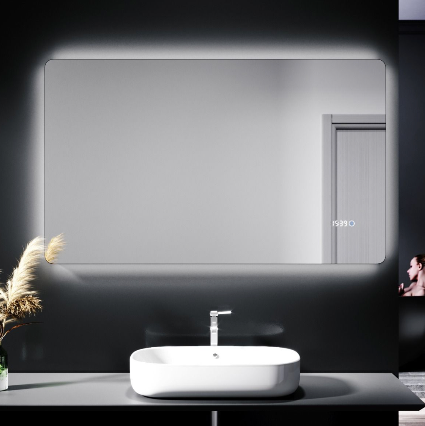 NILE 1000mm x 600mm Touch Shaving Socket Illuminated Bathroom LED Mirror - Time display