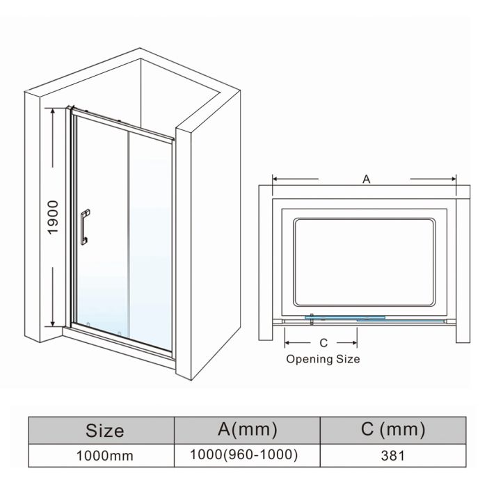 NILE 1000mm Sliding Shower Door 8mm Easy Clean Nano Glass Screen