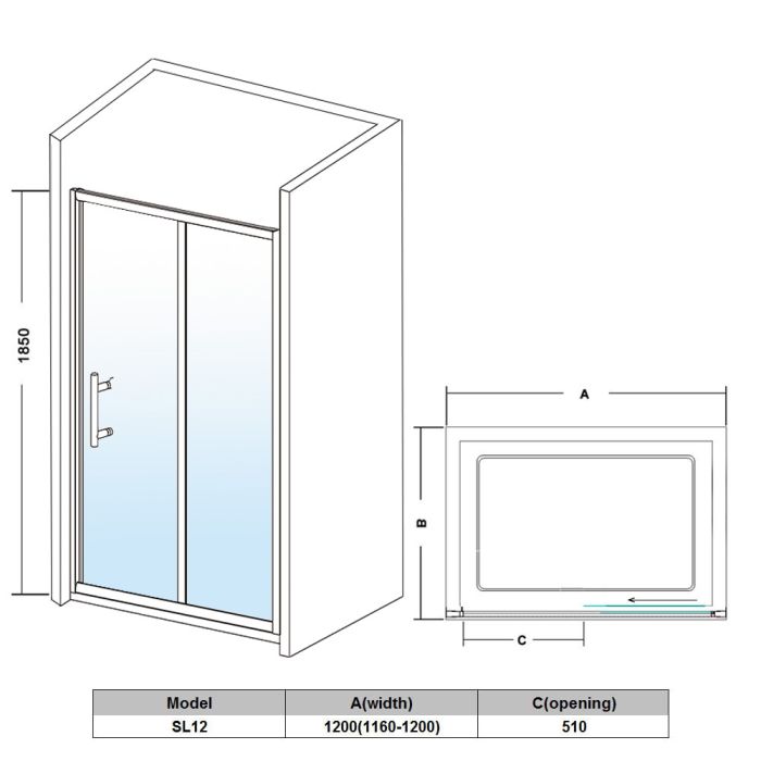 NILE 1200mm Sliding Shower Door 6mm Tempered Glass Shower Screen