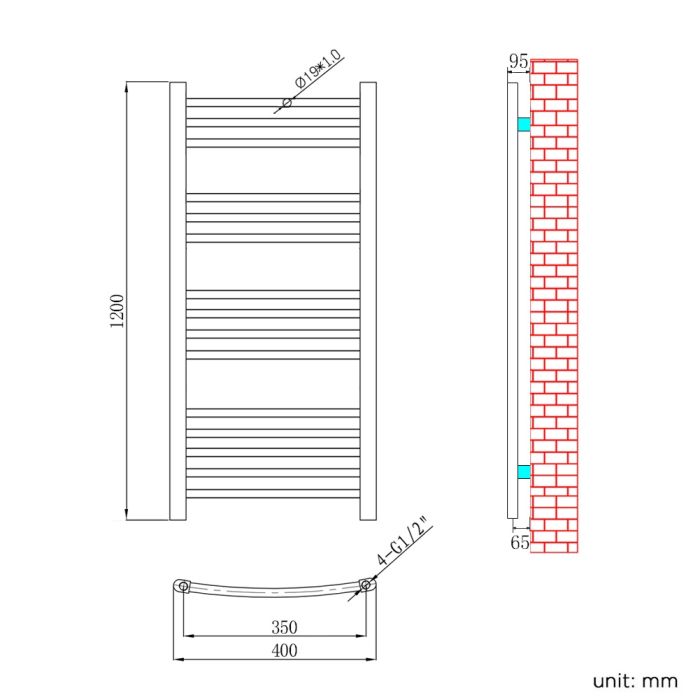 NILE 1200 x 400mm Curved Chrome Heated Bathroom Towel Ladder Radiator Rail