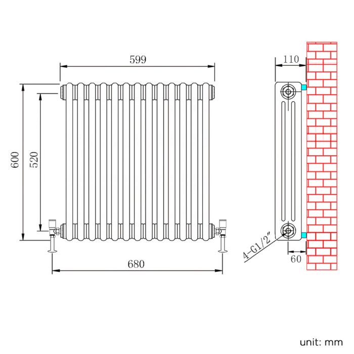 NILE 600x599mm Traditional Radiator Cast Iron Style 3 Column White Horizontal Radiator