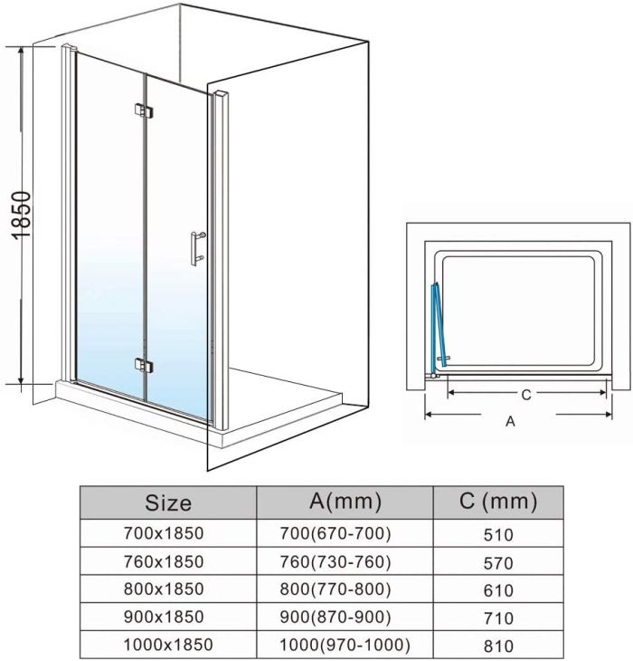 NILE 800mm Frameless Bifold Hinged Shower Door Shower Screen