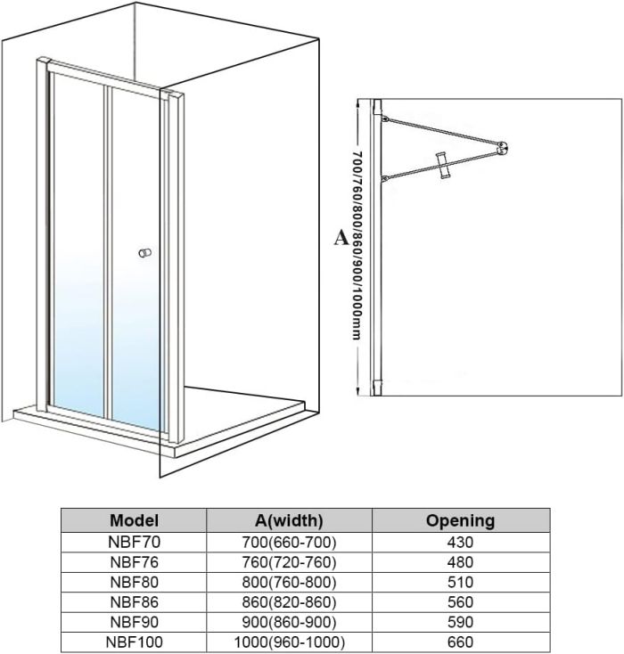 NILE 700mm Bifold Shower Enclosure Panel Bathroom Shower Door Chrome Frame Modern Wet Room