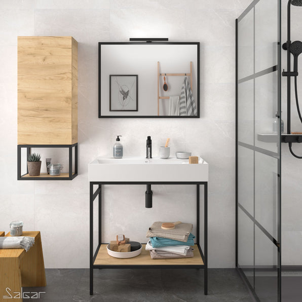 Black Vinci Noir 800mm frame Unit with Oak Shelf & Basin - 800mm x 460mm - Salgar