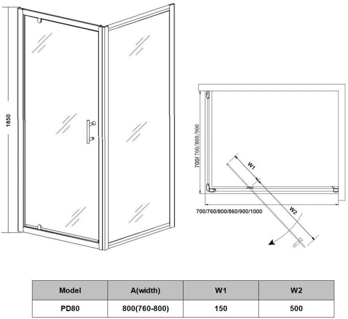 NILE 860mm Framed Pivot Hinged Shower Door 6mm Tempered Glass Swing Door