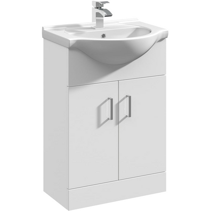 nuie Mayford 2 Door Gloss White Floor Standing Vanity Unit with Round Ceramic Basin 550mm