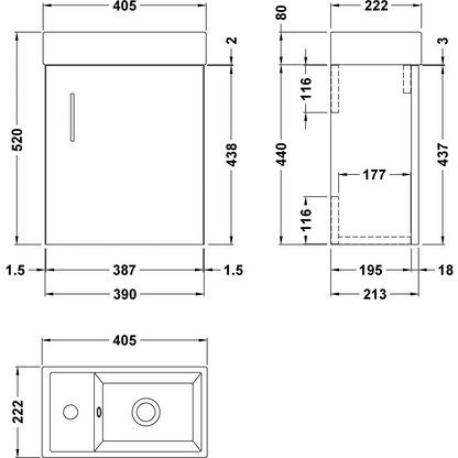 nuie Vault Single Door Gloss White Wall Hung Compact Vanity Unit with Ceramic Basin 400mm