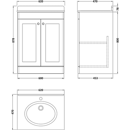 nuie Classique 2 Door Soft Black Floor Standing Unit and 1 Tap Hole Marble Top Oval Basin 600mm