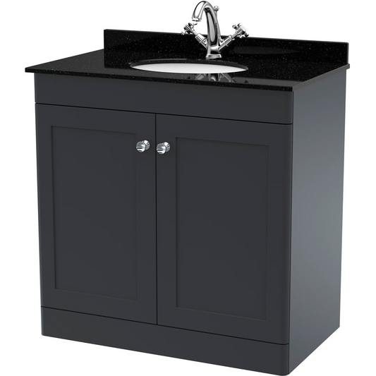 nuie Classique 2 Door Soft Black Floor Standing Unit and 1 Tap Hole Marble Top Oval Basin 800mm