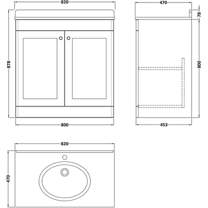 nuie Classique 2 Door Soft Black Floor Standing Unit and 1 Tap Hole Marble Top Oval Basin 800mm
