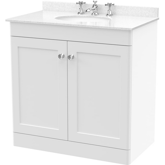 nuie Classique 2 Door Satin White Floor Standing Unit and 3 Tap Hole Marble Basin 800mm
