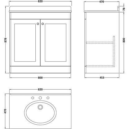 nuie Classique 2 Door Satin White Floor Standing Unit and 3 Tap Hole Marble Basin 800mm