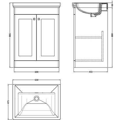 nuie Classique 2 Door Satin Green Floor Standing Unit and 0 Tap Hole Fireclay Basin 600mm
