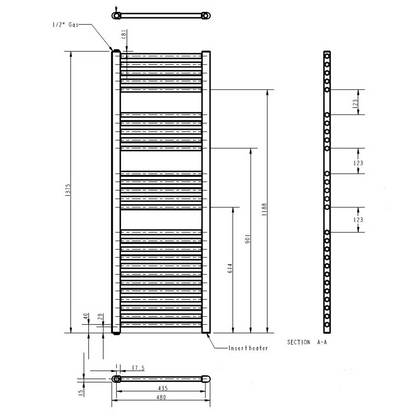 nuie Anthracite 750W Round Electric Towel Rail 1375 x 480mm