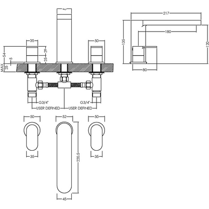 nuie Chrome Deck Mounted 3 Tap Hole Bath Filler
