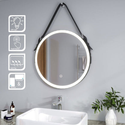 Optim Noir LED Illuminated Round 600mm Black Mirror with Belt & Hanging Peg - Black