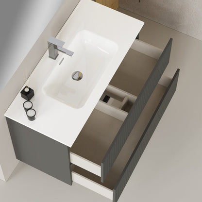 Luxe Matt Grey Fluted Double Drawer Wall Hung Vanity Unit Including Basin 1000mm x 390mm