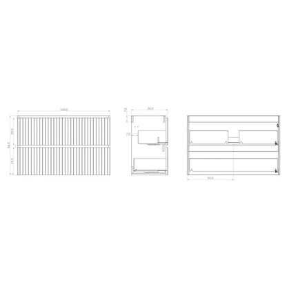Luxe Matt Grey Fluted Double Drawer Wall Hung Vanity Unit Including Basin 1000mm x 390mm