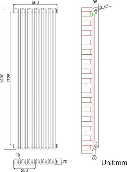 NILE Traditional Radiator Black Vertical Radiator 1800 x 560 mm Double Column Cast Iron Heater Central Heating Radiator
