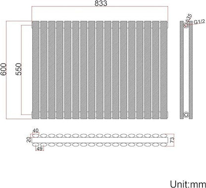 NILE Black Designer Radiator 600x833mm Horizontal Oval Column Double Panel Radiator
