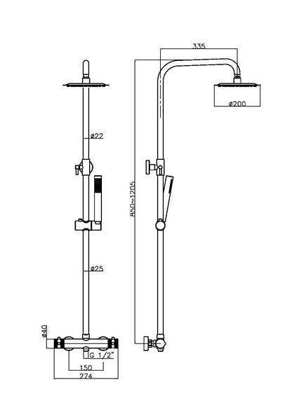 Raven Noir Black Round Rigid Riser Shower with Handset