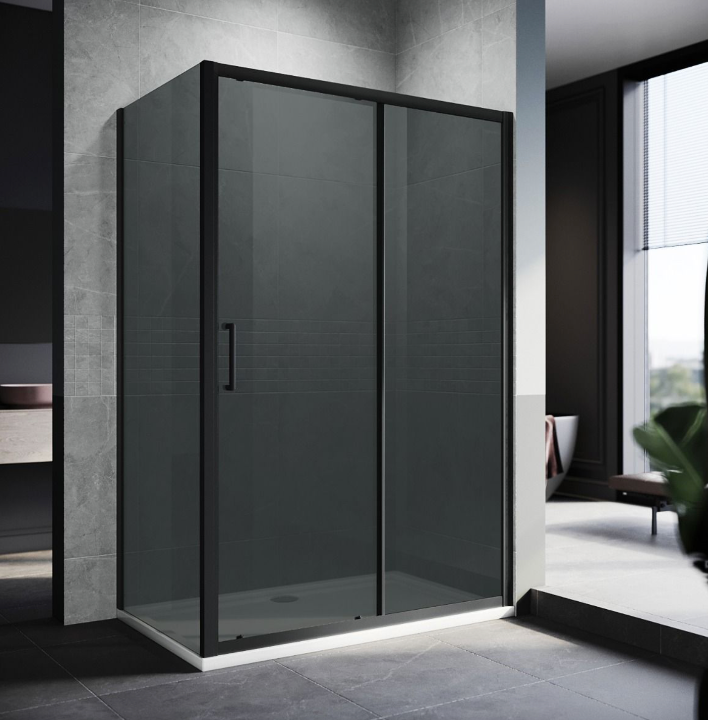 NILE Black Sliding Shower with Side Panel 8mm Easy Clean Nano Glass 1200mm x 900mm inc Shower Tray