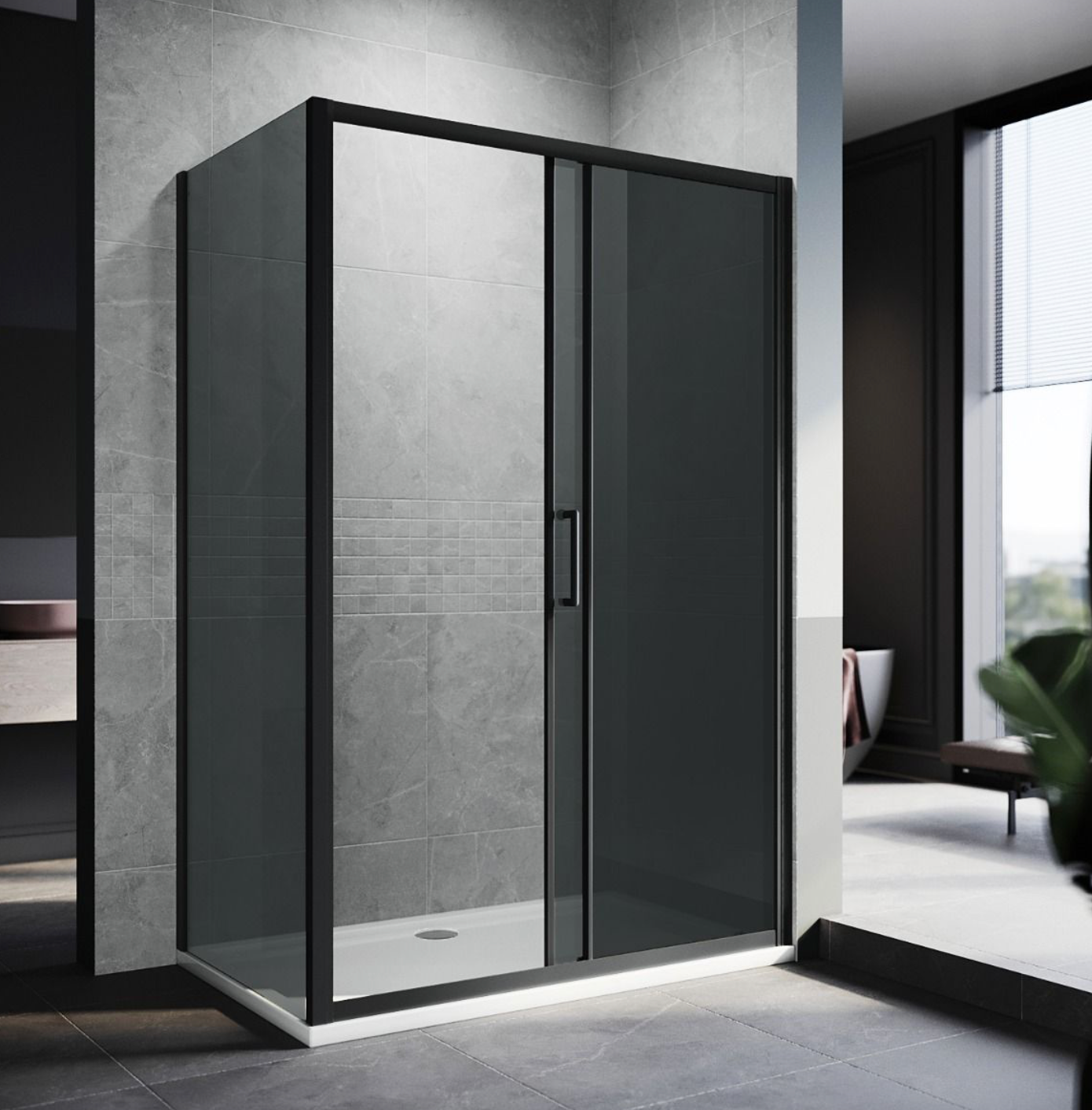 NILE Black Sliding Shower with Side Panel 8mm Easy Clean Nano Glass 1200mm x 900mm inc Shower Tray