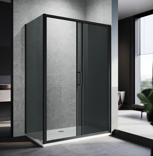 NILE Black Sliding Shower with Side Panel 8mm Easy Clean Nano Glass 1200mm x 900mm inc Shower Tray
