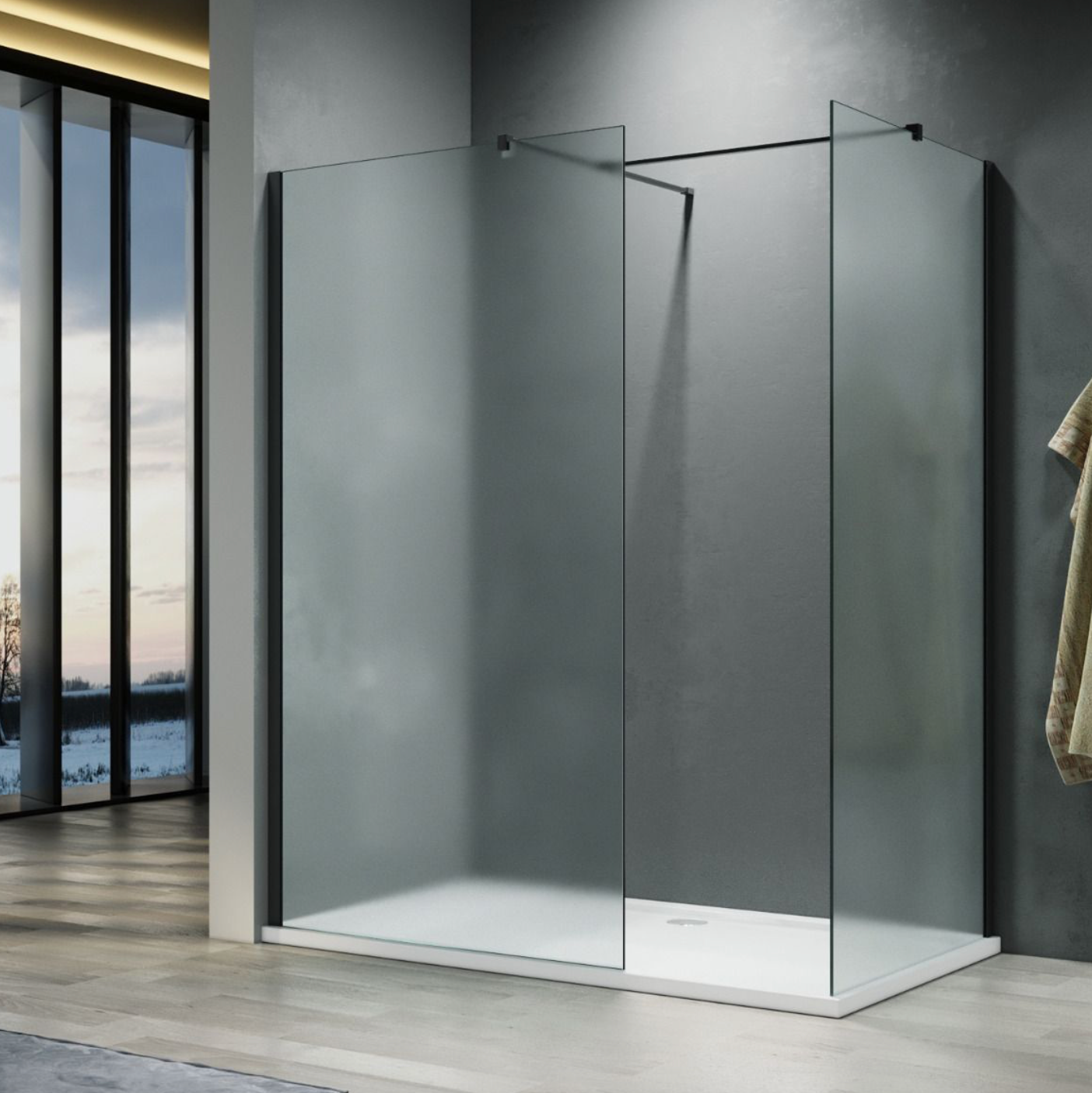NILE Frosted Black Easy Clean Walk-In Shower Enclosure Inc Shower Panels + Stone Resin Tray + Waste 1700mm x 760mm