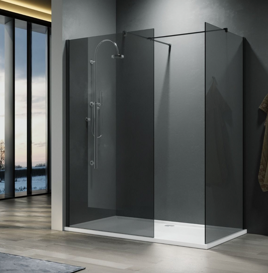 NILE Smoked Glass Walk-In Shower Enclosure 8mm Easy Clean Black Fittings Inc. Shower Panels, Stone Resin Tray + Waste 1700mm x 700mm